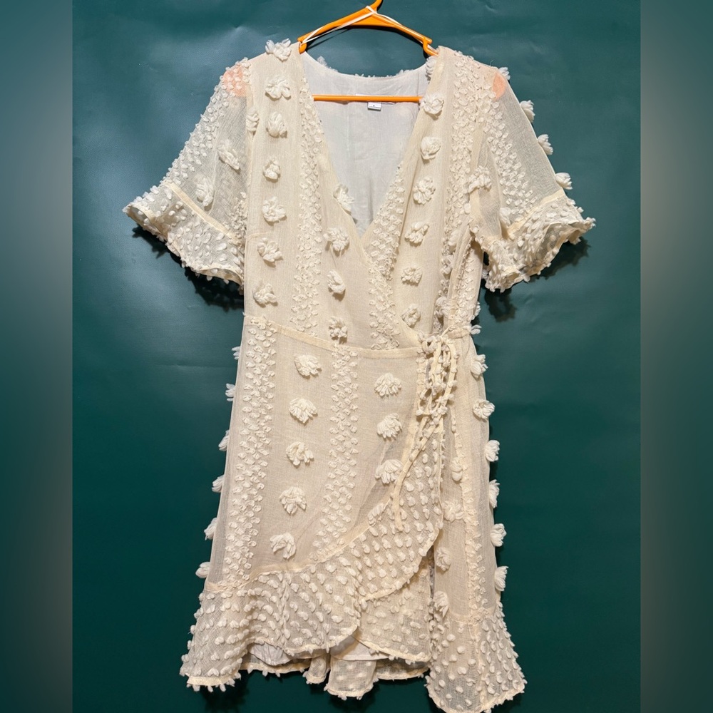 FAVLUX Cream Flutter Sleeve V-Neck Mini Dress